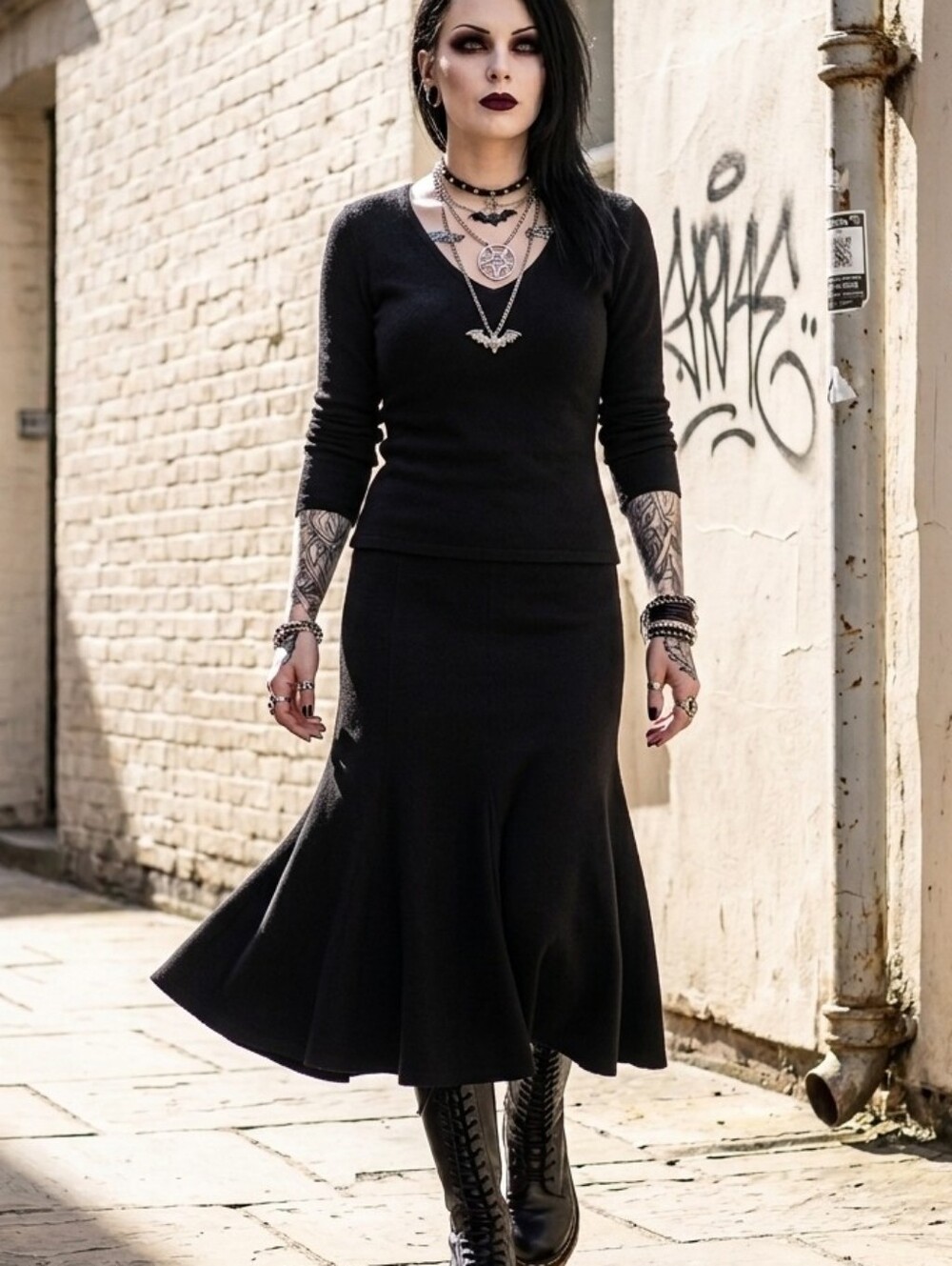 VINTAGE🖤GOTH LACE 600West 2 Piece Long Sleeve Midi Flare Skirt and Top Size S